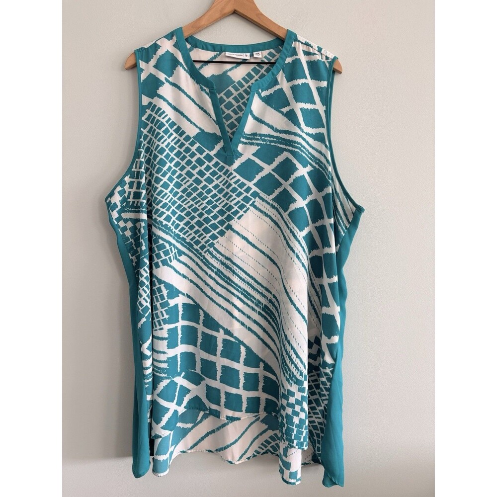 Susan Graver Blouse Womens 26W Sleeveless Teal White Hi Low Top Semi Sheer